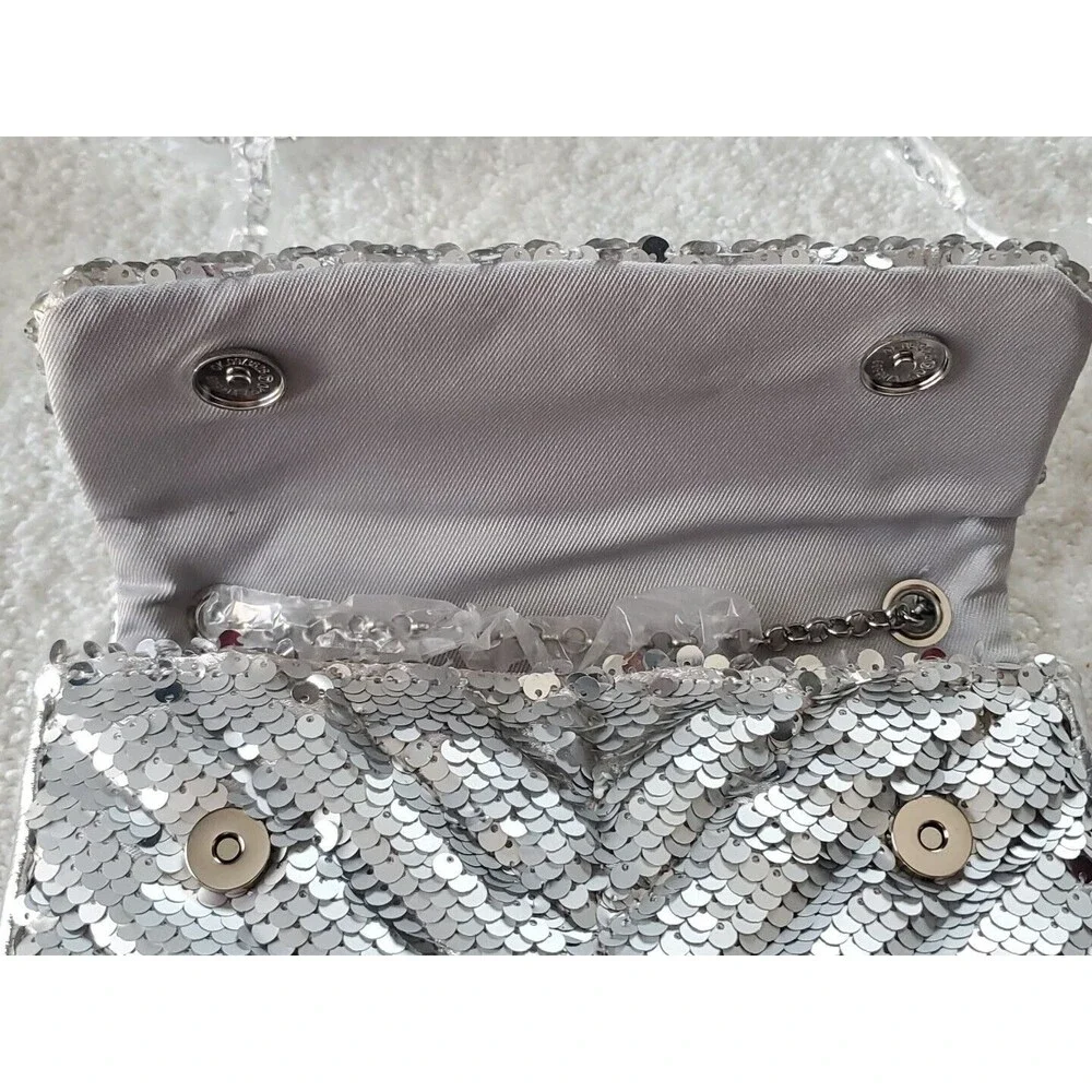 Nicole Miller Small Silver Gray Chain Strap Sequined Dressy Crossbody Bag Purse